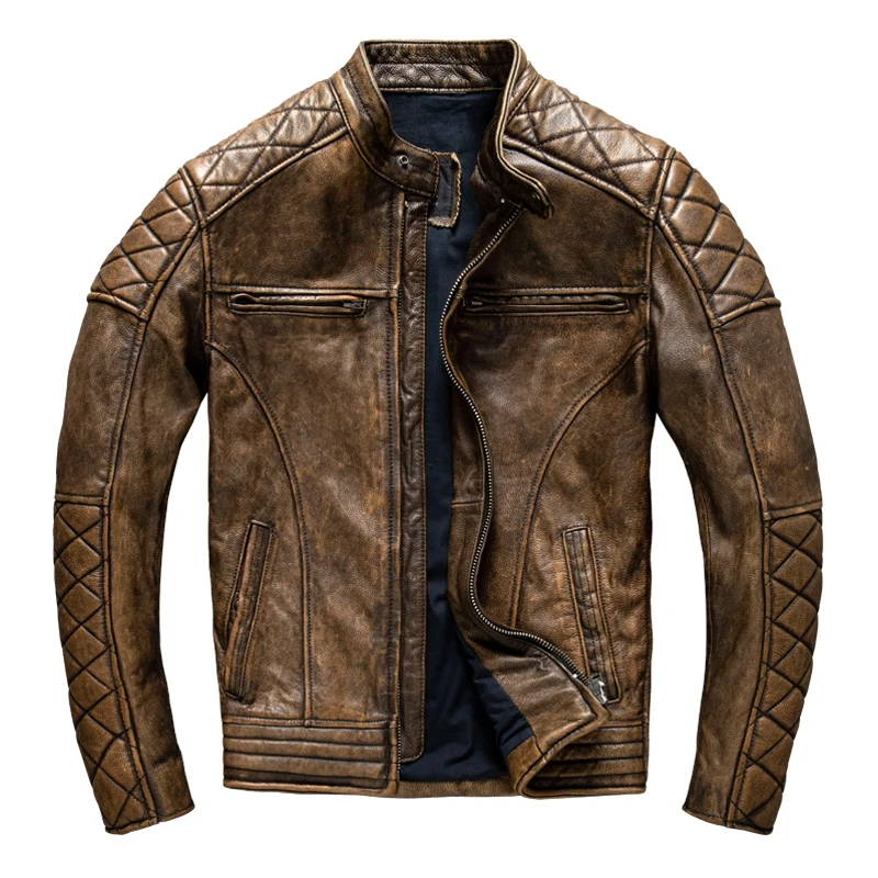 Leather Work Jacket - Vintage Men Leather Jacket Yellow Brown