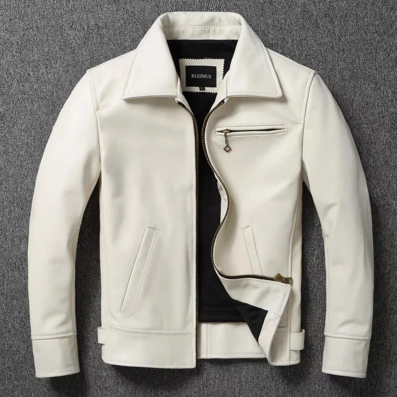 Leather Work Jacket - Men's Genuine Leather Jacket White Lapel