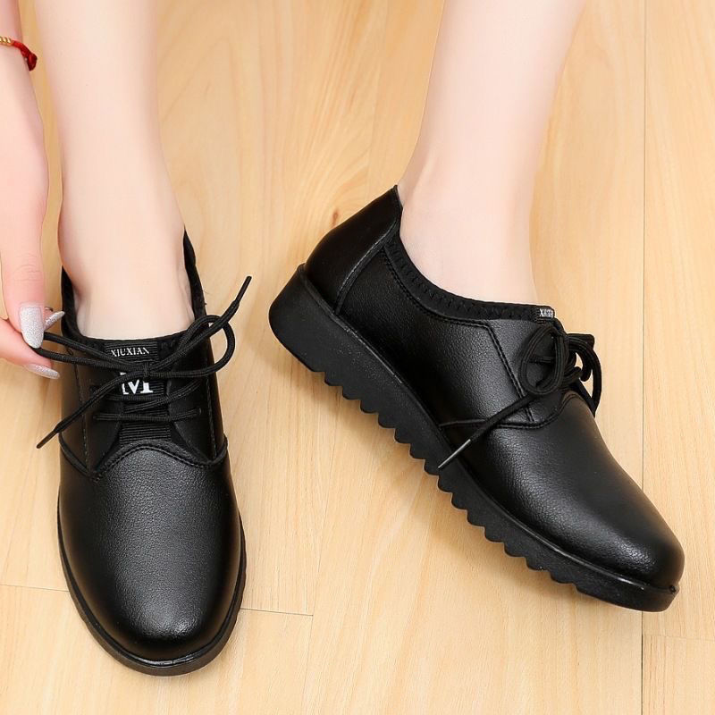 Solid Black Oxford Shoes Woman - Leather Work Oxfords 评论和价格