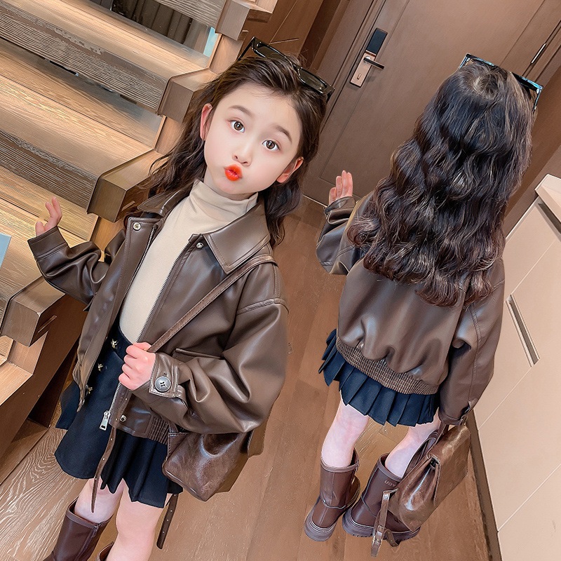 1-14 Years Girls Lapel Short P - Leather Work Jacket 评论和价格