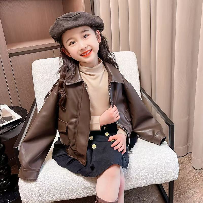 1-14 Years Girls Lapel Short P - Leather Work Jacket 评论和价格