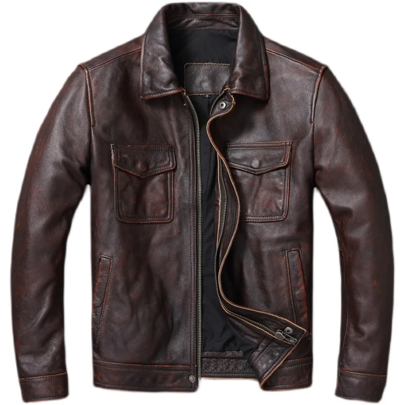Vintage Brown Red Genuine Leat - Leather Work Jacket 评论和价格
